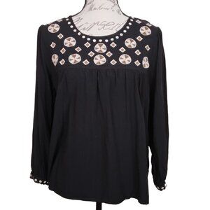 Solitaire | Embroidered Black Pull On Boho Blouse Top | Size M
